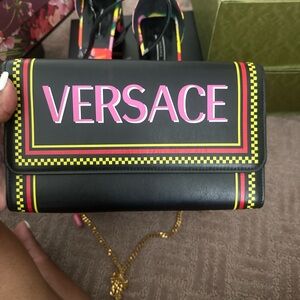 Versace Black Wallet with Pink and Yellow Accents